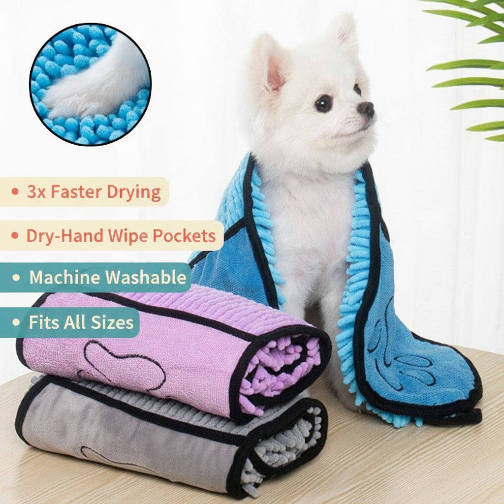 Quick-Dry Chenille Pet Towel with Wipe Pockets - Absorbent Dog & Cat Bath Towel